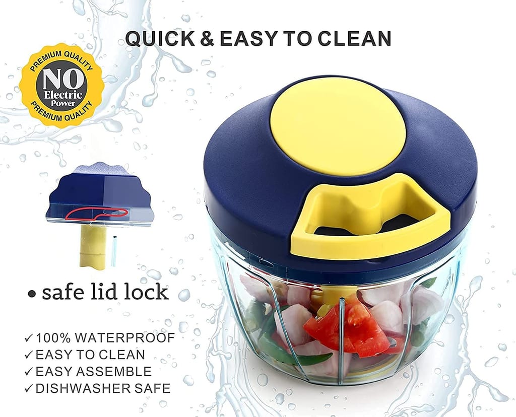 GLOBAL IMPEX Vegetable Round Quick Handy Dori Chopper (450 ml) with 3 Stainless Steel Blade and Whisker Multipurpose Speedy, Dry Fruit and Onion Machine for Kitchen Tool (Navy Blue & Yellow)