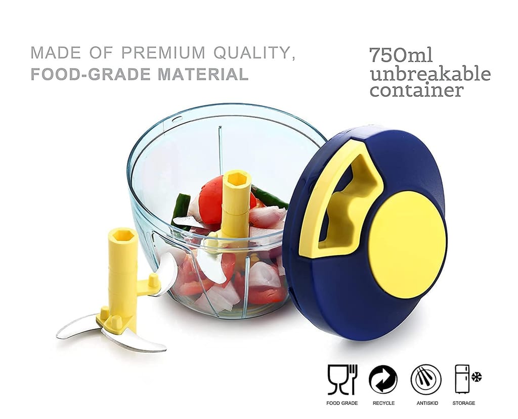 GLOBAL IMPEX Vegetable Round Quick Handy Dori Chopper (450 ml) with 3 Stainless Steel Blade and Whisker Multipurpose Speedy, Dry Fruit and Onion Machine for Kitchen Tool (Navy Blue & Yellow)