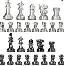 Chess Pieces Only No Board, 32 Large Quadruple Weighted Metal Chess Pieces with 2 Extra Queen, 2.6” King Heavy Piece, Chrome Silver-Metallic Black in Unique Gift Storage Box