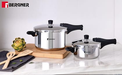 Bergner Argent Elements Triply Stainless Steel 3.5 L Outer Lid Pressure Cooker, Triply Bottom Pressure Cooker, Safety Gasket and GRS, Mirror Finish, Induction Bottom and Gas Ready - Silver