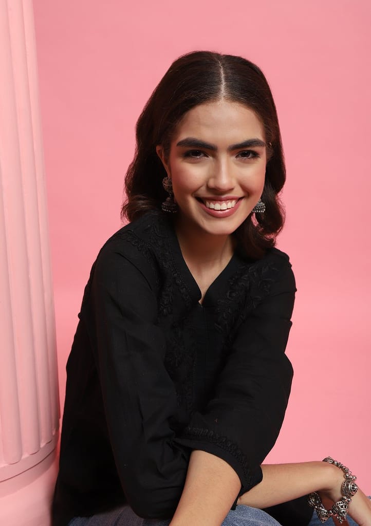 Cotton Chikankari Solid Women's Short Kurta - Black