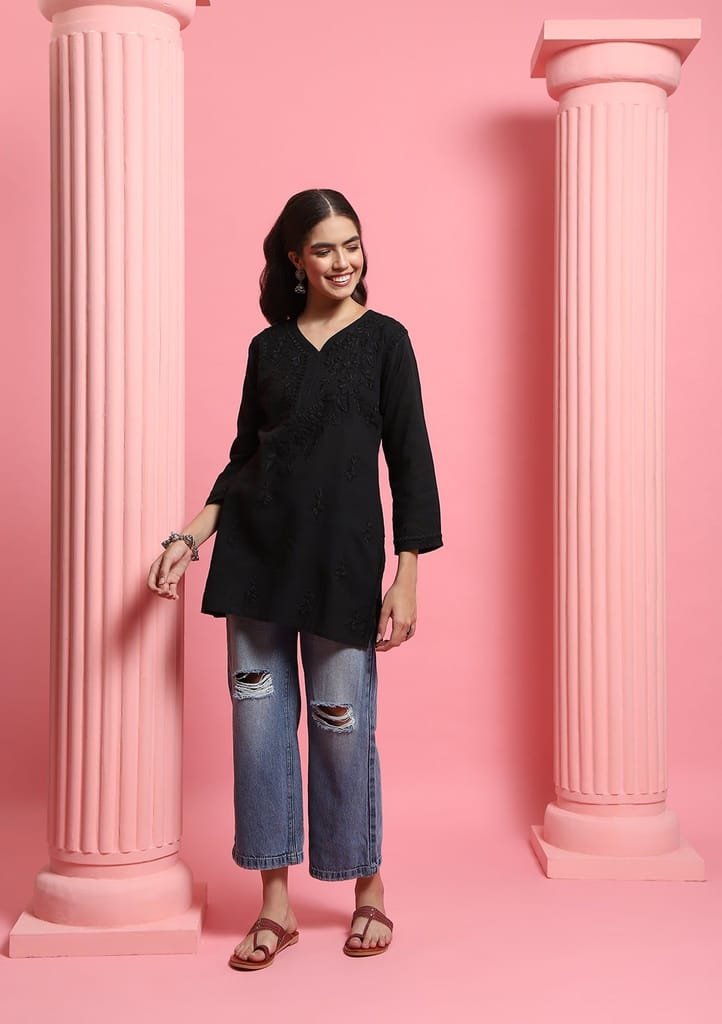 Cotton Chikankari Solid Women's Short Kurta - Black