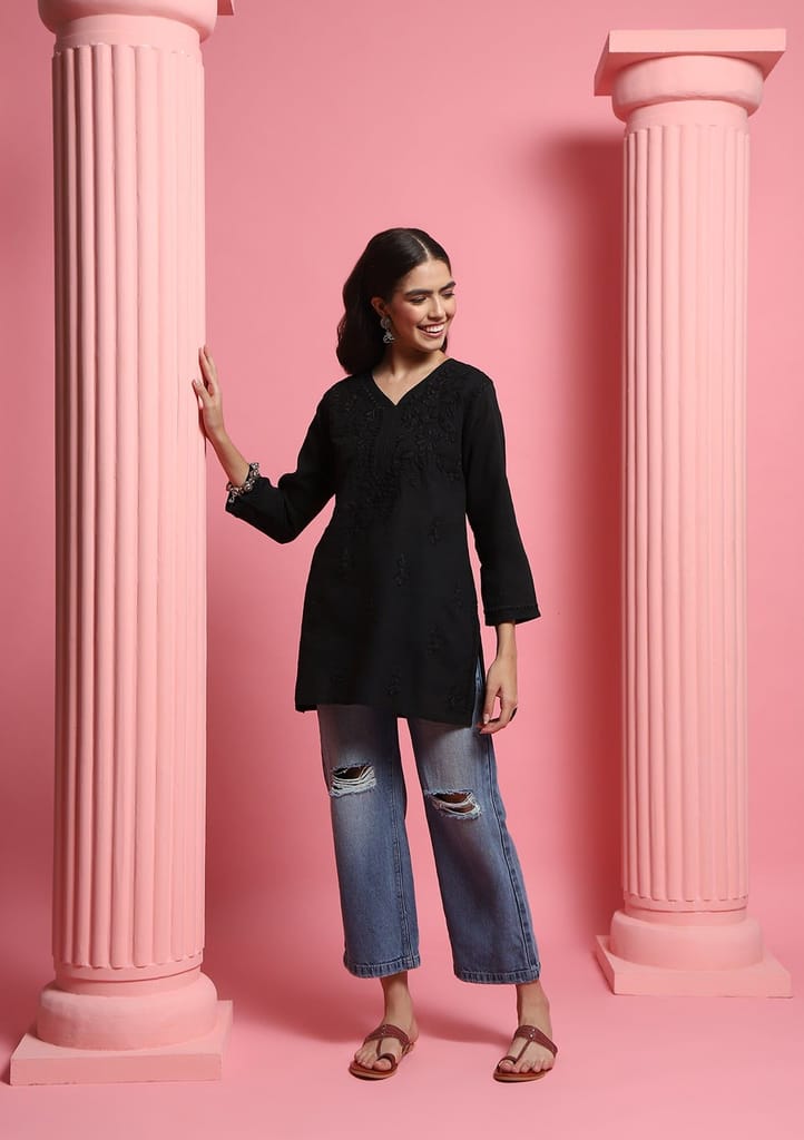 Cotton Chikankari Solid Women's Short Kurta - Black