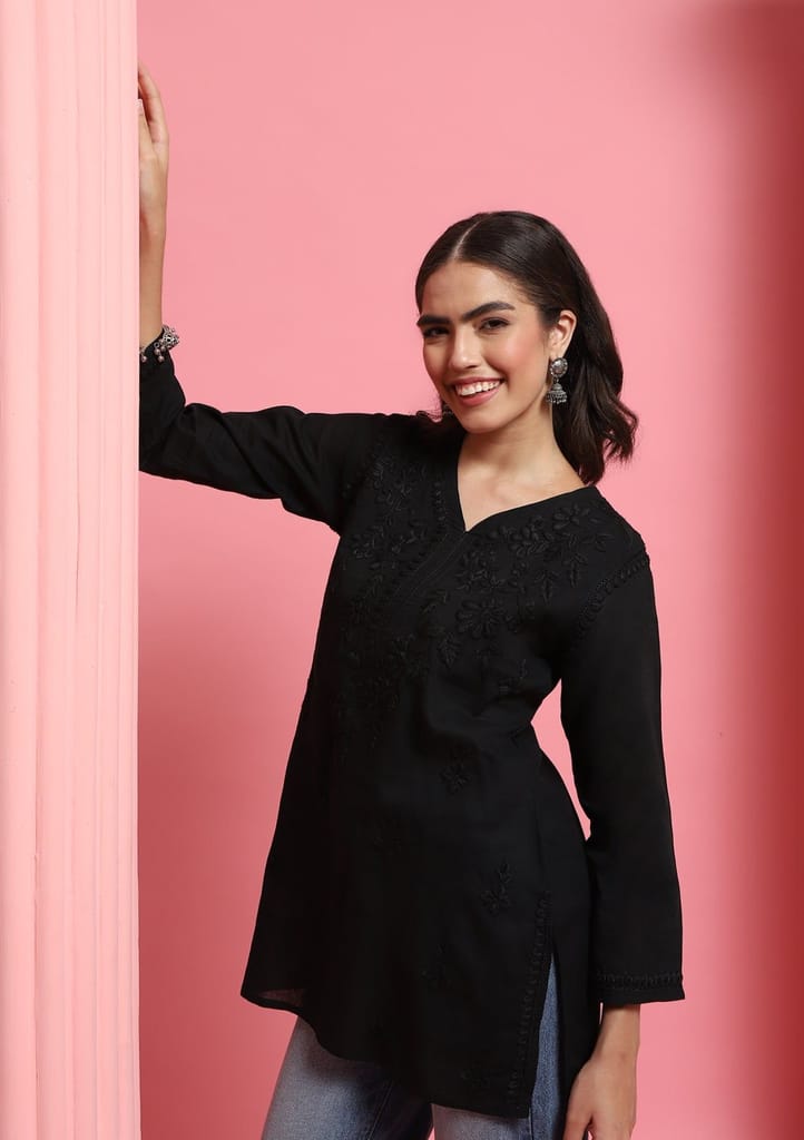 Cotton Chikankari Solid Women's Short Kurta - Black