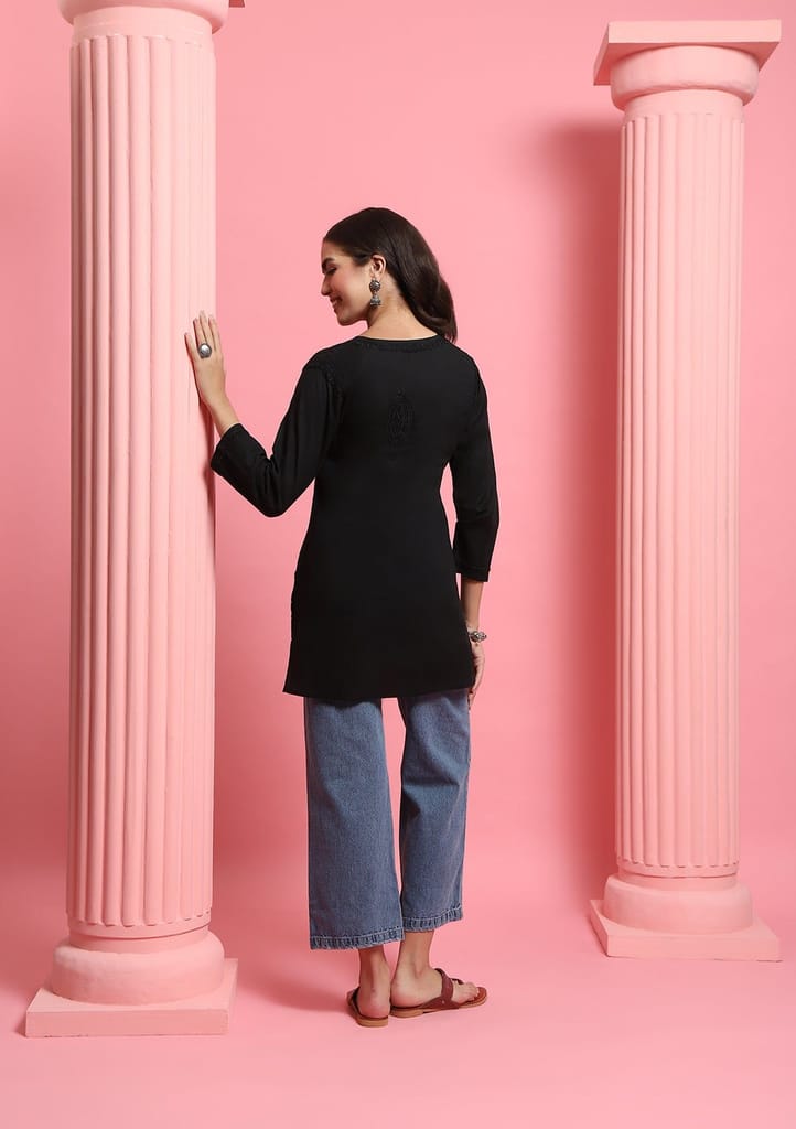 Cotton Chikankari Solid Women's Short Kurta - Black