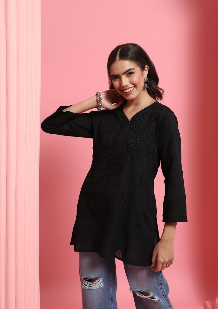Cotton Chikankari Solid Women's Short Kurta - Black
