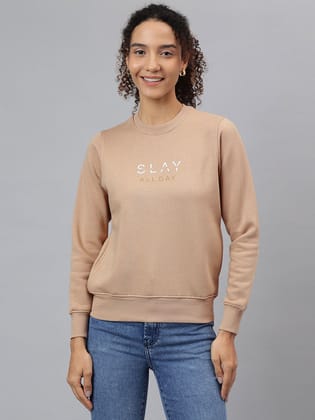 Richlook Women Beige Crew Neck Sweatshirt Richlook Women Beige Crew Neck Sweatshirt