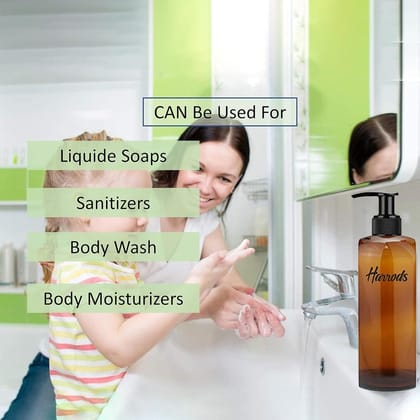 Harrods Empty Shampoo Pump Bottles Refillable Dispenser Container Liquid Soap Dispenser Pump Lotion Bottle Plastic Cylinder with Golden Pumps (Amber Bottle-5pc)