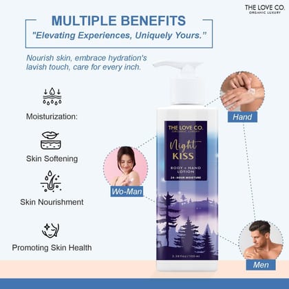 THE LOVE CO. Night Kiss Body + Hand Lotion - Body Lotion For Dry Skin - Soft and Smooth Hands with Lightweight Moisturization - 100Ml