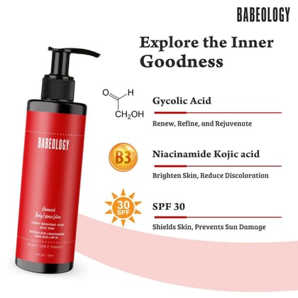 Babeology Advanced Body Essence Lotion - Visible Brightens Your Skin Tone - Glycolic Acid, Niacinamide Acid, Kojic Acid, Spf 30-100ml