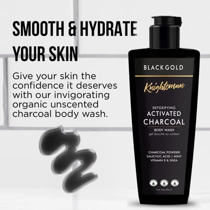 Knightsman Activated Charcoal Body Wash - Deep Cleanse & Refresh with Menthol, Vitamin E & 1% Salicylic Acid - Reduce Acne, Toxins & Impurities - Sulphate-Free, 250ml