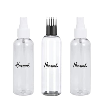 HARRODS 200ml Empty Plastic Bottle for hair application (2 Mist Spray + 1 Applicator) Pack of 3 | Perfect For Hair Oil, Perfume, Rosewater, Travel Friendly