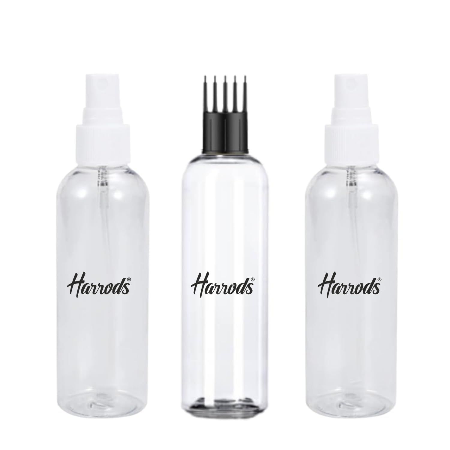 HARRODS 200ml Empty Plastic Bottle for hair application (2 Mist Spray + 1 Applicator) Pack of 3 | Perfect For Hair Oil, Perfume, Rosewater, Travel Friendly