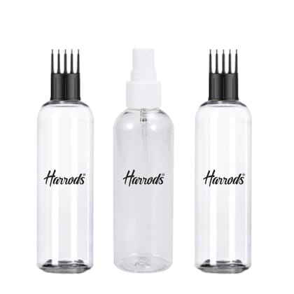 HARRODS 200ml Transparent Empty Plastic Bottle for hair application (2 Appicator + 1 Mist Spray) Pack of 3 | Perfect For Hair Oil, Perfume, Rosewater, Travel Friendly