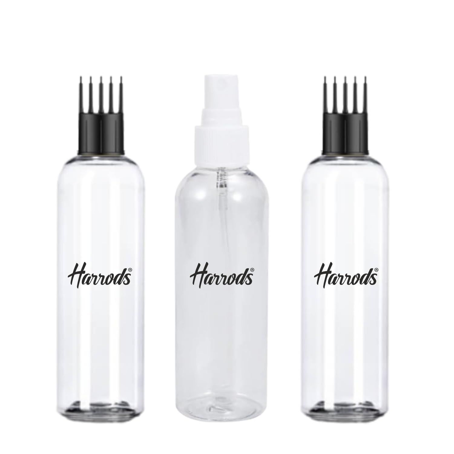 HARRODS 200ml Transparent Empty Plastic Bottle for hair application (2 Appicator + 1 Mist Spray) Pack of 3 | Perfect For Hair Oil, Perfume, Rosewater, Travel Friendly