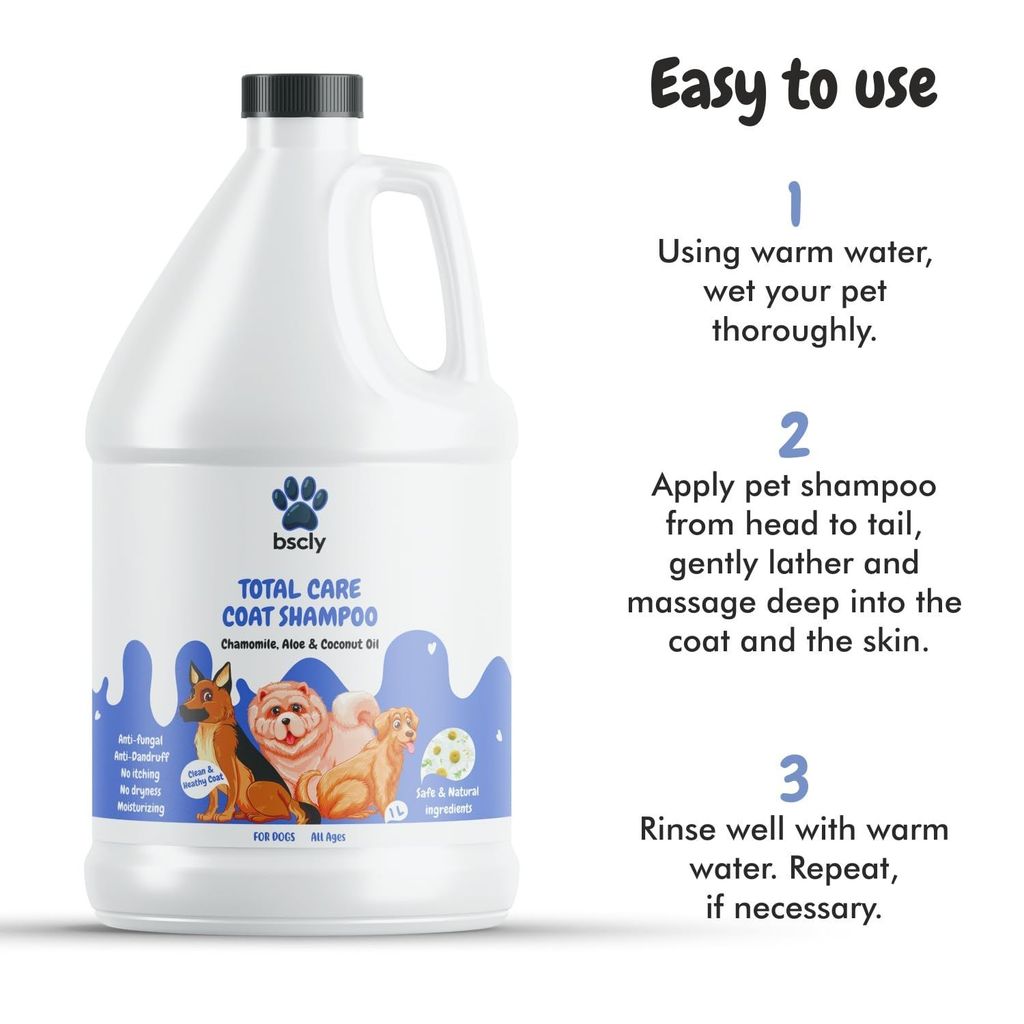 Bscly Dog Shampoo 1000Ml - Ticks & Fleas Prevention - Enriched with Chamomile, Aloe and Coconut Oil - Moisturizes & Heals Skin - Suitable for Pomeranians to Golden Retrievers