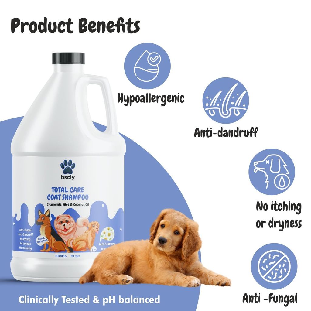 Bscly Dog Shampoo 1000Ml - Ticks & Fleas Prevention - Enriched with Chamomile, Aloe and Coconut Oil - Moisturizes & Heals Skin - Suitable for Pomeranians to Golden Retrievers