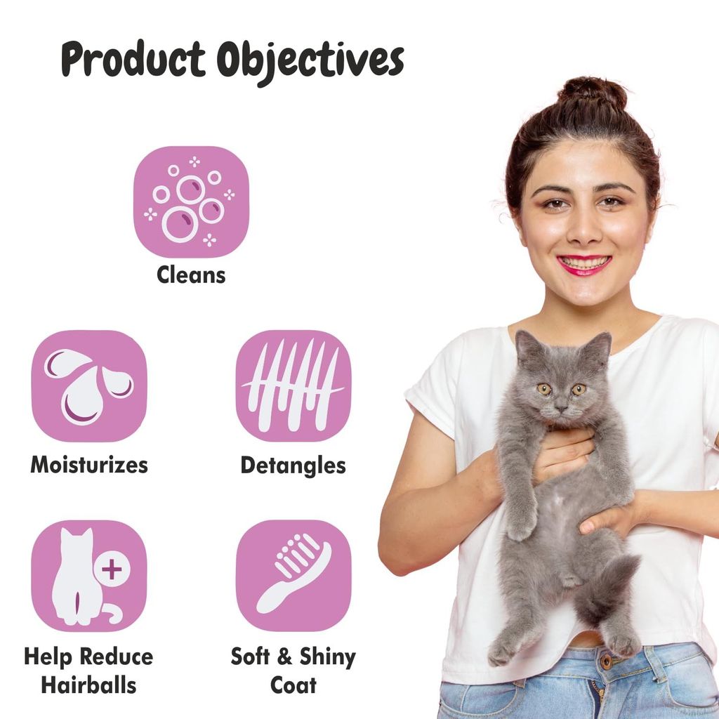 Bscly Meow Cat Shampoo 1000Ml - Enriched with Oatmeal Extract & Coconut Oil - Moisturizes & Heals Skin Cat Shampoo for Persian Cat Hair Fall, Normal Cat, Kitten Shampoo