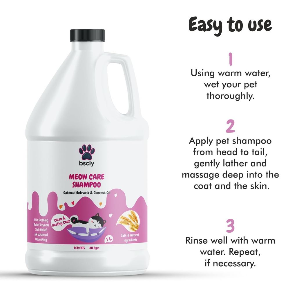 Bscly Meow Cat Shampoo 1000Ml - Enriched with Oatmeal Extract & Coconut Oil - Moisturizes & Heals Skin Cat Shampoo for Persian Cat Hair Fall, Normal Cat, Kitten Shampoo