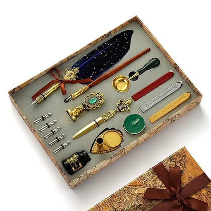 Quill Pen and Ink Set, Calligraphy Feather Pen with Wax Seal Stamp, Includes Feather Dip Pen, Ink, 5 Replacement Nibs, 3 Wax Seal Sticks,Pen Nib Base,Seal Stamp, White Wax,Spoon (blue)