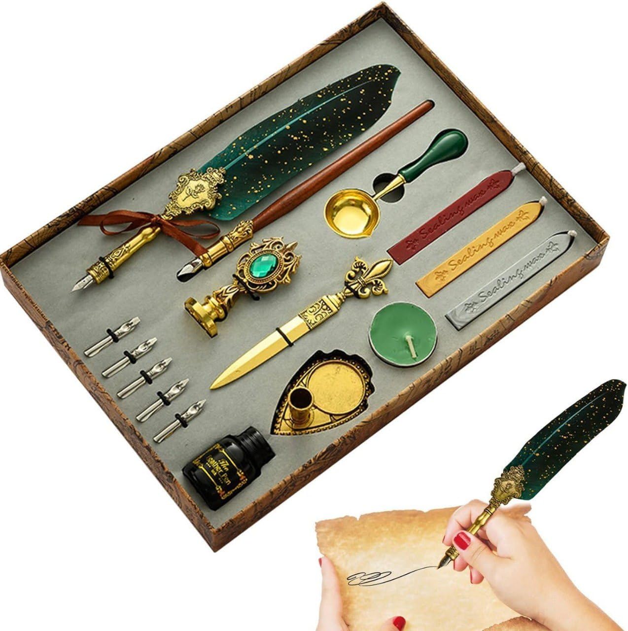 Quill Pen and Ink Set, Calligraphy Feather Pen with Wax Seal Stamp, Includes Feather Dip Pen, Ink, 5 Replacement Nibs, 3 Wax Seal Sticks,Pen Nib Base,Seal Stamp, White Wax,Spoon (Green)