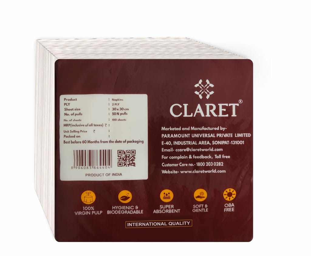 Claret 2-Ply Soft & Absorbent Napkins 30x30 cm, 100 Sheets (50 Pulls) – Eco-Friendly, Durable and Hygienic Napkins, Pack of 3