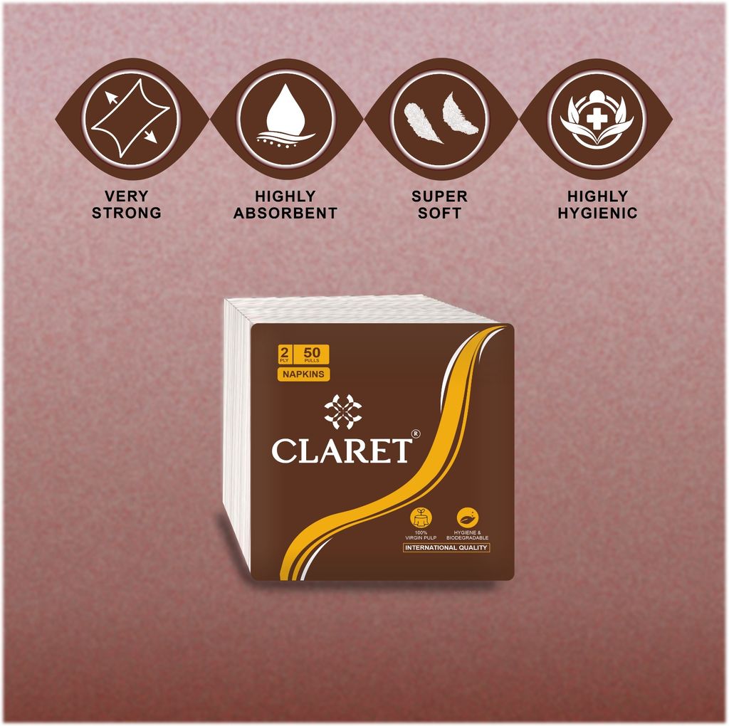 Claret 2-Ply Soft & Absorbent Napkins 30x30 cm, 100 Sheets (50 Pulls) – Eco-Friendly, Durable and Hygienic Napkins, Pack of 3