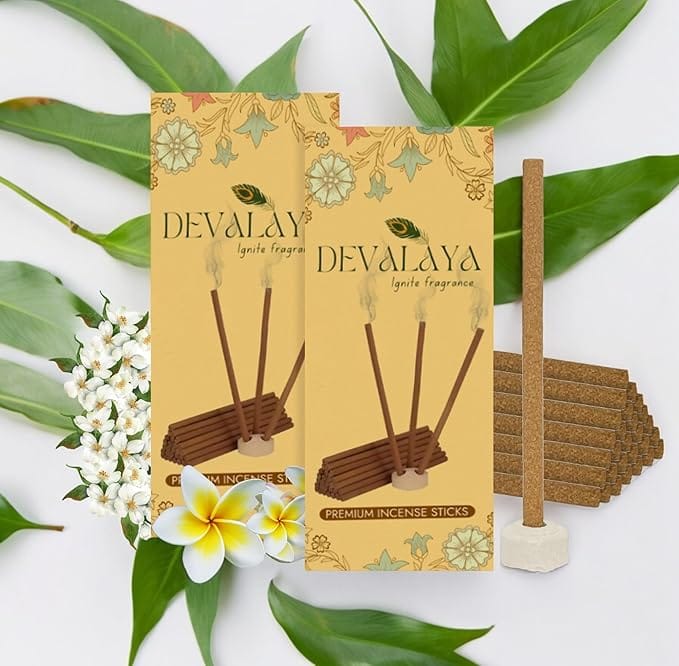Devalaya Incense Sticks, Bambooless Dhoop Sticks, Agarbatti for Pooja, 100% Charcoal-Free, 4-inch Length with Ceramic Strand (Arabian Mogra/Mystic Champa, Pack of 2 (40 Sticks))