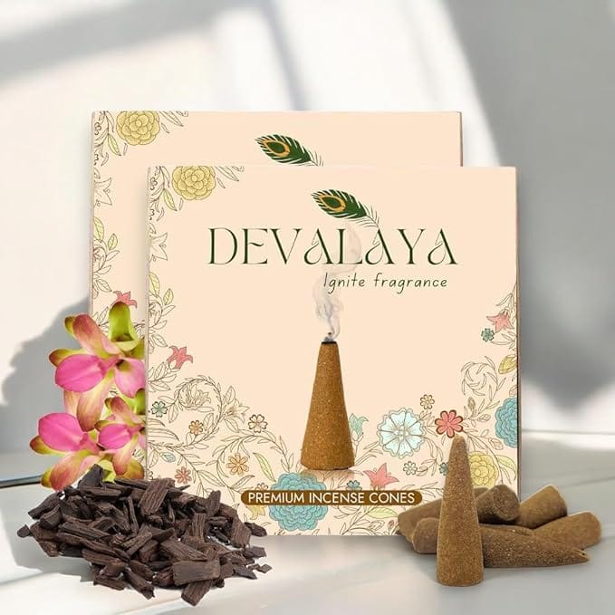 Devalaya Premium Incense Cones, Dry Incense, Dhoop Batti for Pooja, 100% Charcoal-Free, 25-Minute Burn Time, Eco-Friendly, 3.5 CM Length (Mystique Kasturi/Royal Bakhoor, Pack of 2 (40 Cones))
