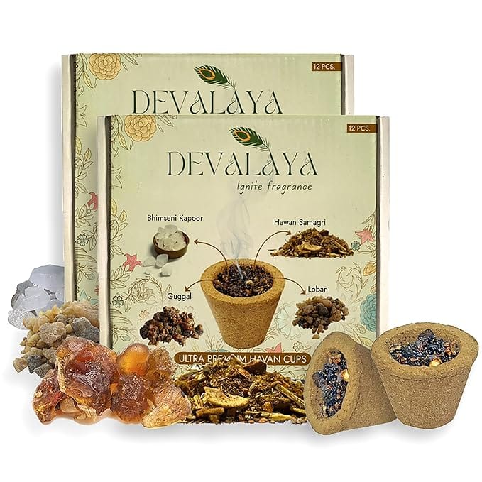 DEVALAYA Havan Cups for Pooja - Pack of 12 Cups, 100% Organic & Charcoal-Free, Infused with Orignal Guggal & Natural Loban, Hawan Samagri & Bhimseni Kapoor (Pack of 2)