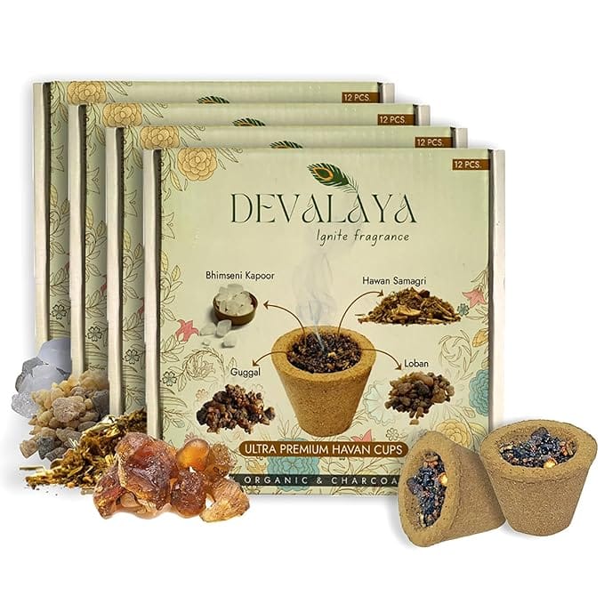 DEVALAYA Havan Cups for Pooja - Pack of 12 Cups, 100% Organic & Charcoal-Free, Infused with Orignal Guggal & Natural Loban, Hawan Samagri & Bhimseni Kapoor (Pack of 4)