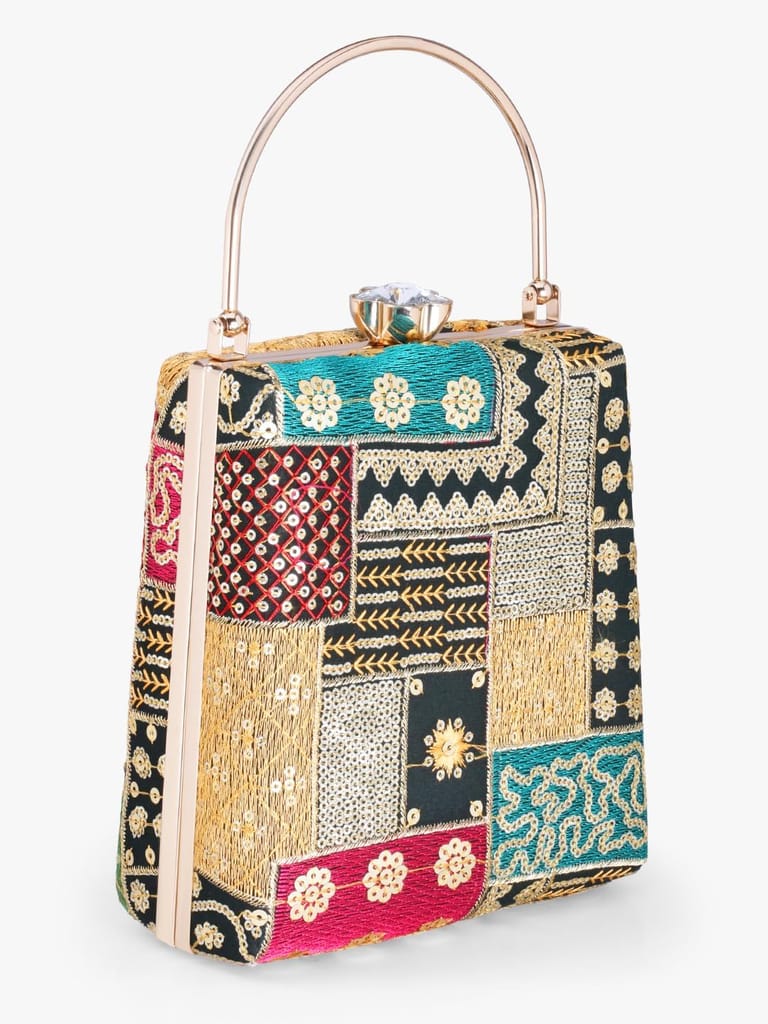 Vdesi Green Embroidery Clutch