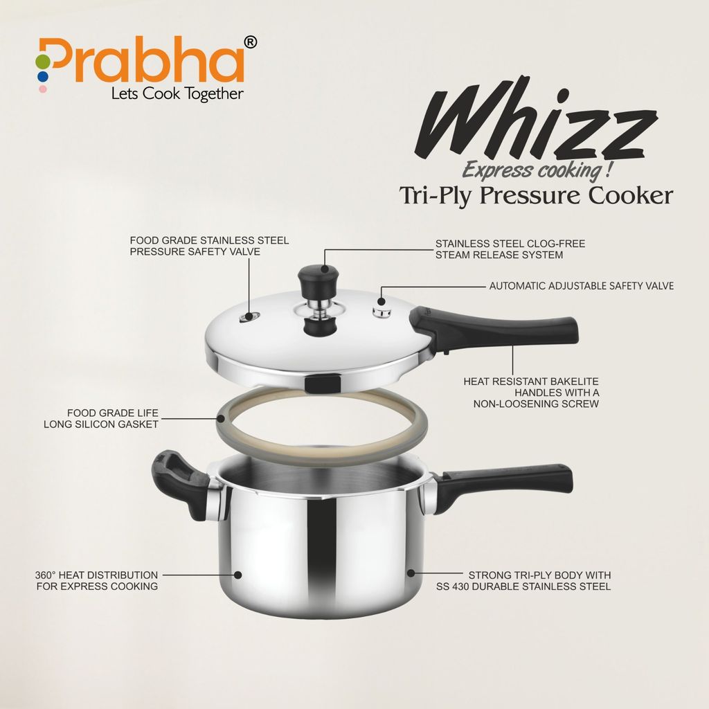 Prabha Triply Whizz Cooker - Premium Stainless Steel Cookware for Fast & Healthy Cooking | Durable & Energy Efficient | 3 Litre Pressure Cooker