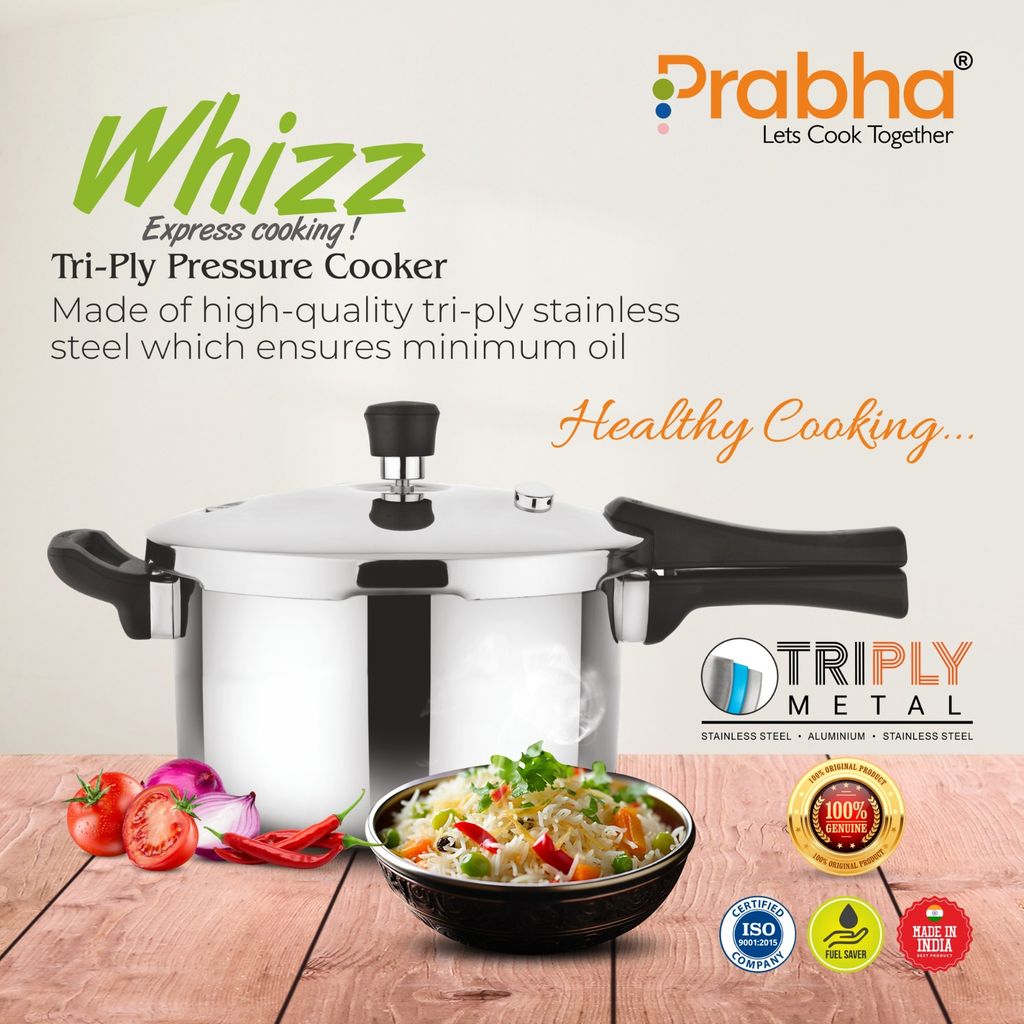 Prabha Triply Whizz Cooker - Premium Stainless Steel Cookware for Fast & Healthy Cooking | Durable & Energy Efficient | 5 Litre Pressure Cooker