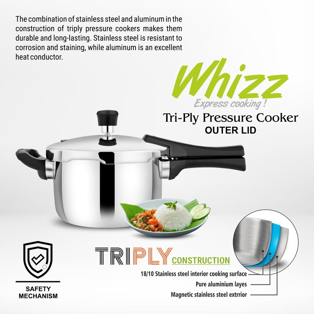 Prabha Triply Whizz Cooker - Premium Stainless Steel Cookware for Fast & Healthy Cooking | Durable & Energy Efficient | 5 Litre Pressure Cooker