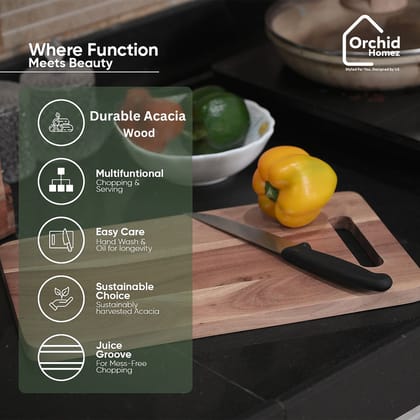 Orchid Homez Wooden Chopping Board, Cutting Board, Serving Tray for Kitchen Vegetables, Fruits & Cheese | Natural Color| Handcrafted | Made in India (38LX21.5BX1.5W, Brown, Design-1)