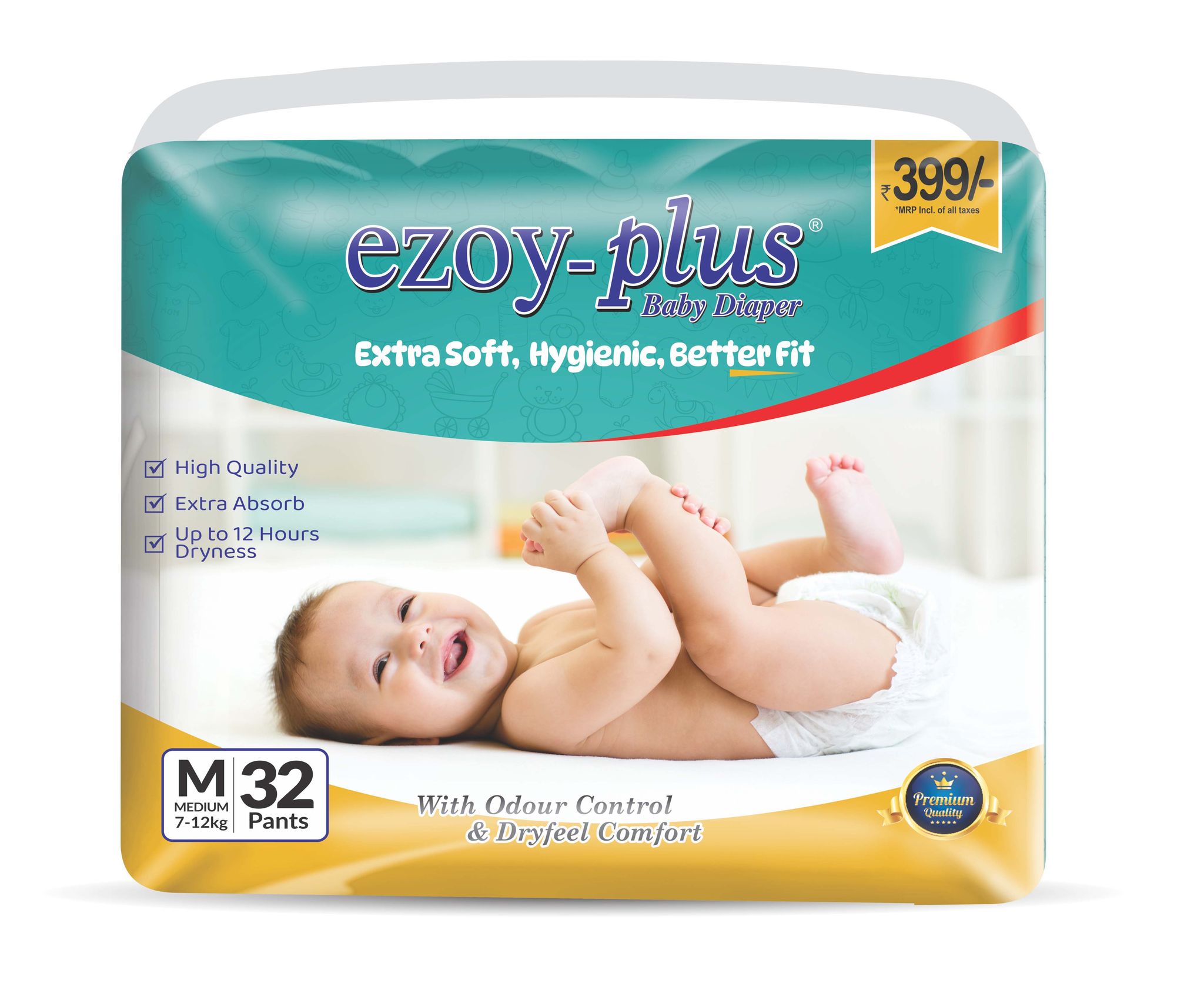  EZOY-PLUS Baby Diapers - Extra Soft, Hygienic, Better Fit, Up to 12 Hours Dryness, with Odour Control and Dryfeel Comfort, Size M (32 diapers)