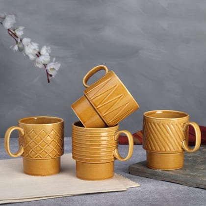 Bodhi House Stackable Ceramic Cups Set of 4 Pieces (150 ml), Small Coffee, Espresso Mugs with Glossy Finish, Microwave and Dishwasher Safe Chai Serving Cups, Ideal for Gifting,Golden Brown