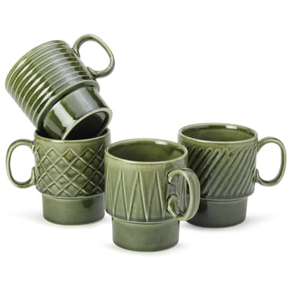 Bodhi House Stackable Ceramic Cups Set of 4 Pieces (250 ml), Small Coffee, Espresso Mugs with Glossy Finish, Microwave and Dishwasher Safe Chai Serving Cups, Ideal for Gifting, Moss Green