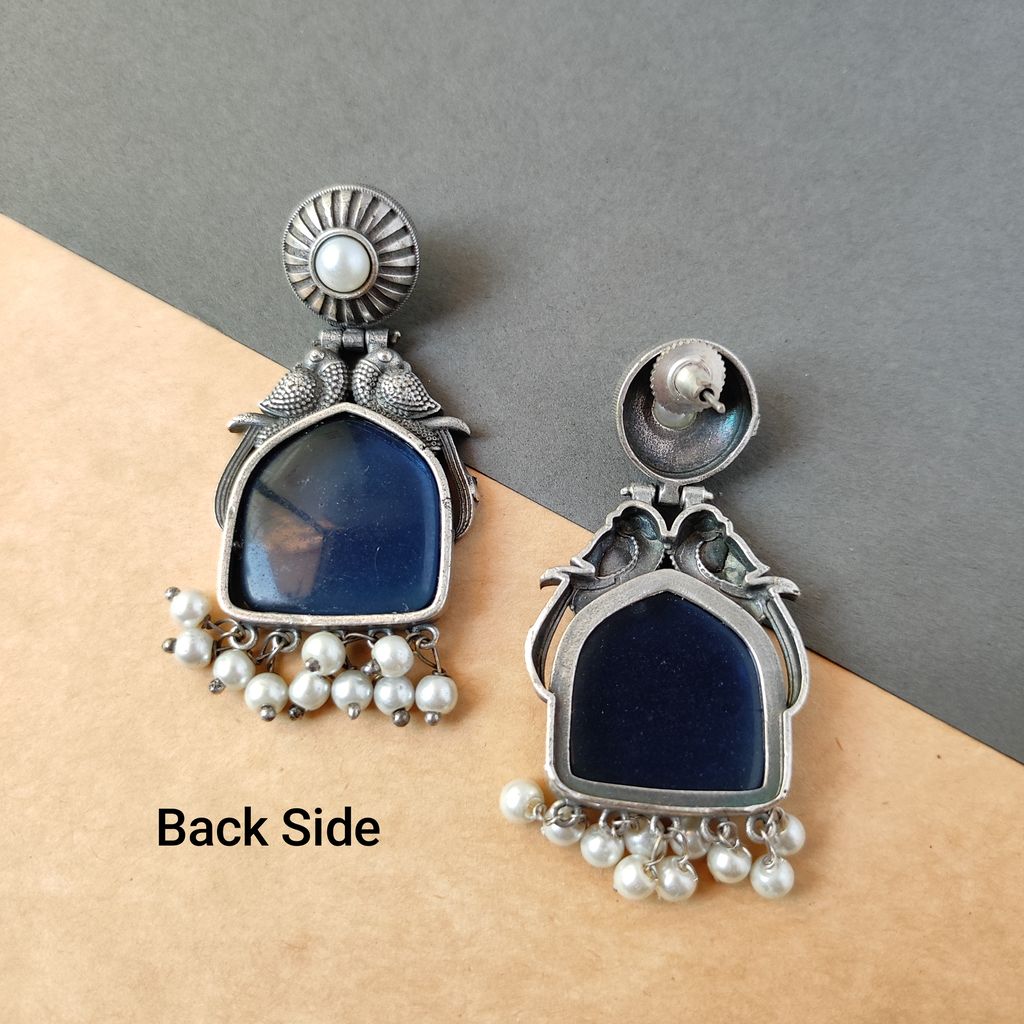 Luxurious Women Trendy silver look alike oxidised monalisa stone chandbali earrings for women in