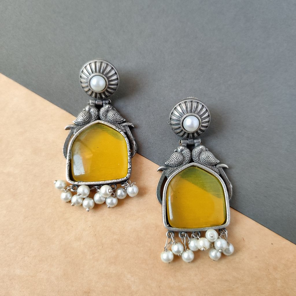 Luxurious Women Trendy silver look alike oxidised monalisa stone chandbali earrings for women in