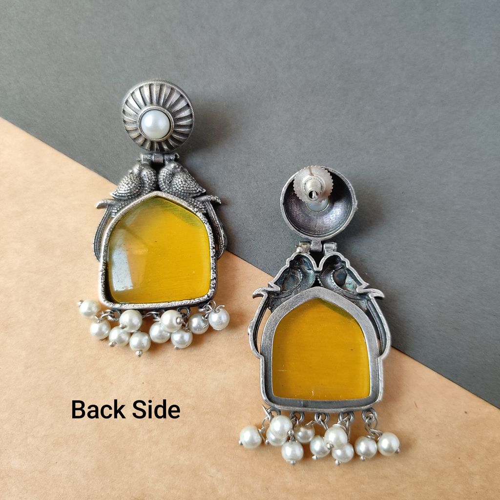 Luxurious Women Trendy silver look alike oxidised monalisa stone chandbali earrings for women in