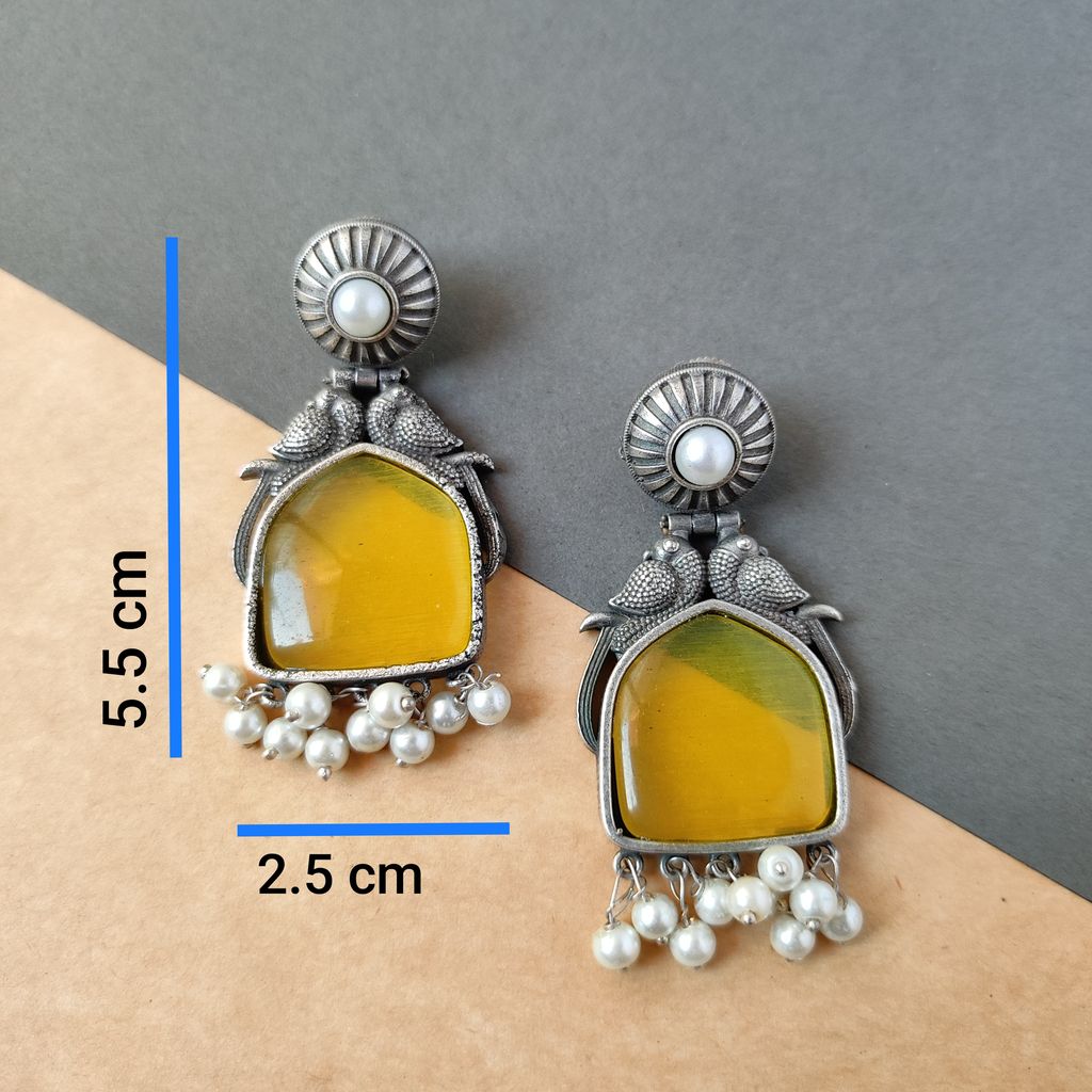 Luxurious Women Trendy silver look alike oxidised monalisa stone chandbali earrings for women in