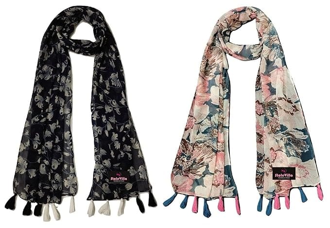  Women's Floral Printed Chiffon Scarf with Tassels (Pack of 2)