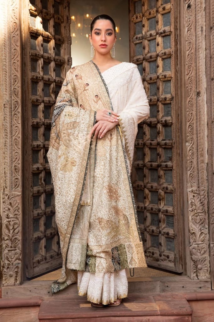  Beige and Green Floral Jacquard Pashmina Shawl