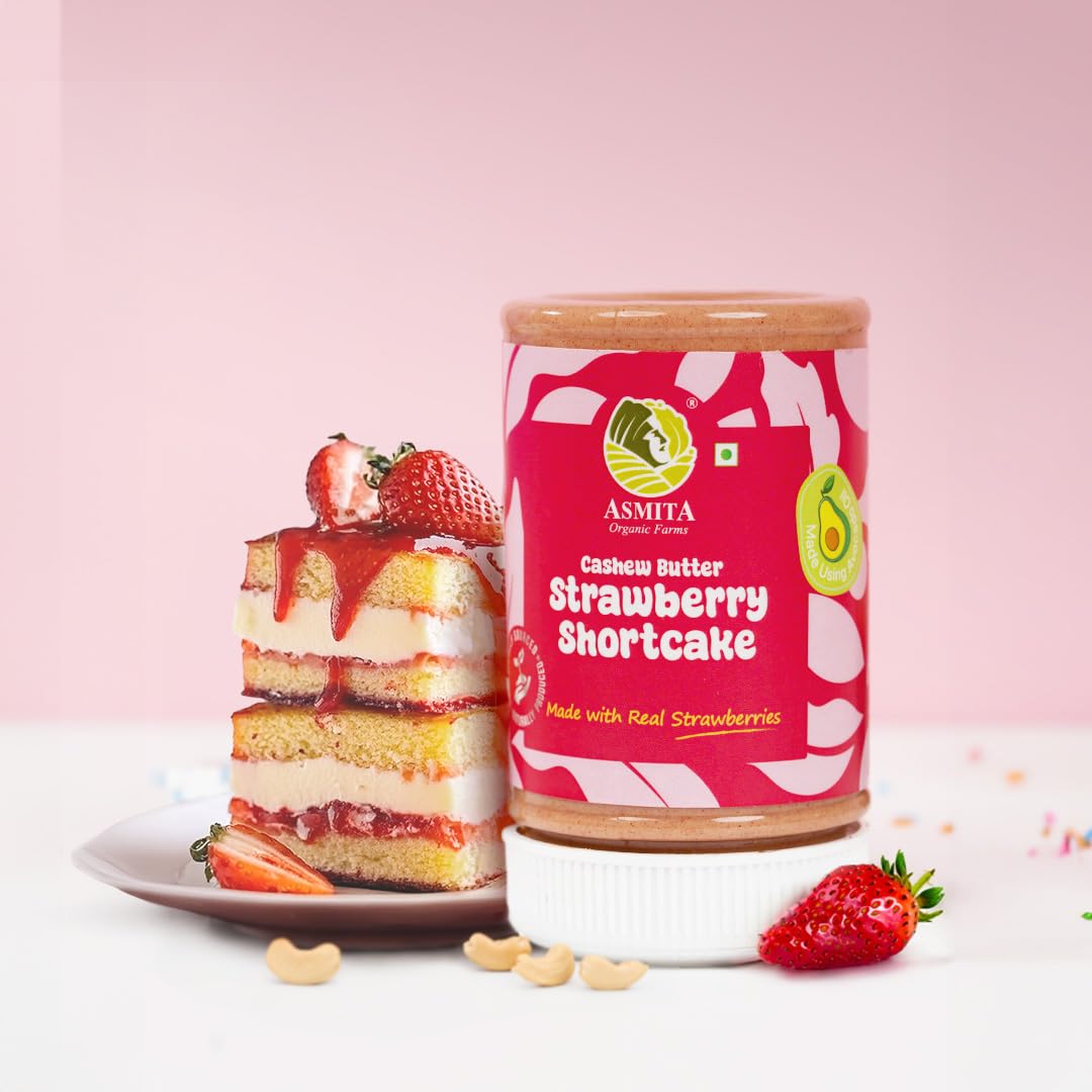 Asmita Organic Farms Strawberry Nut Butter 250g Cashew Nut Butter with Real Strawberries & Avocado Oil No Added Sugar High Protein, Preservative-Free, Vegan & Gluten-Free