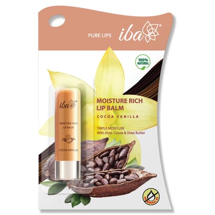 Iba Pure lips Moisture Rich Lip Balm - Cocoa Vanilla, 4.5 g (Pack of 2) | For Pigmented, Dry Damaged & Chapped Lips | Enriched with Cocoa Butter, Shea Butter l Glossy Finish| 100% Natural, Vegan & Cruelty-Free