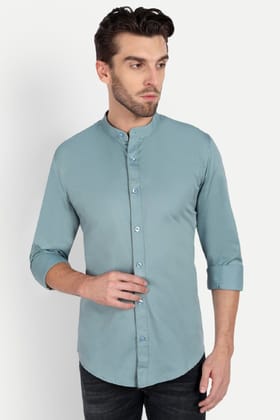 Men Slim Fit Mandarin Collar Light Teal Shirt