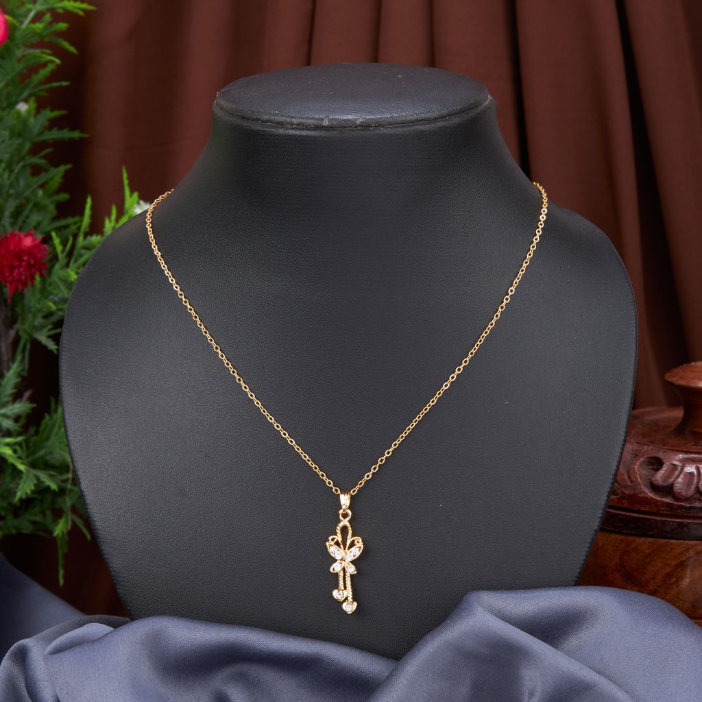 Gold Plated Traditional Butterfly Pendant Set With Chain For Women