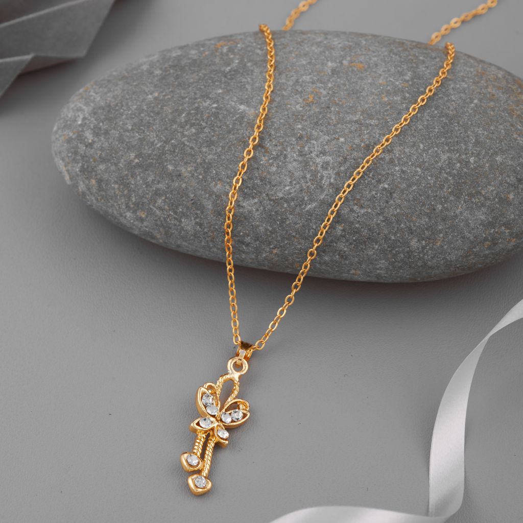Gold Plated Traditional Butterfly Pendant Set With Chain For Women